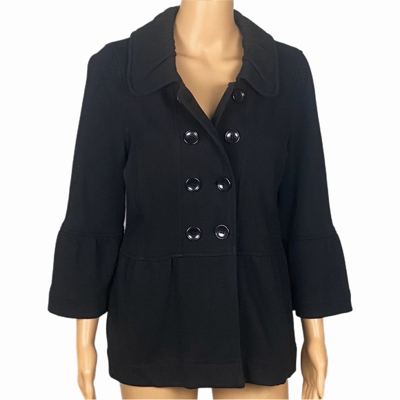 FEVER Black Stretchy Double-Breasted 100% cotton Pea Coat Peplum Bottom Medium - Picture 3 of 13